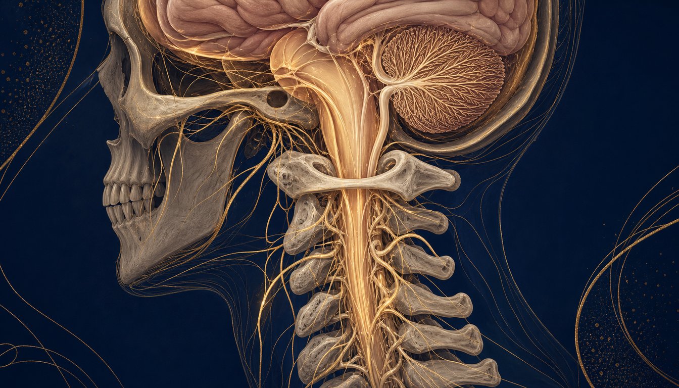 Medical illustration of the upper cervical spine and brainstem with nerve pathways