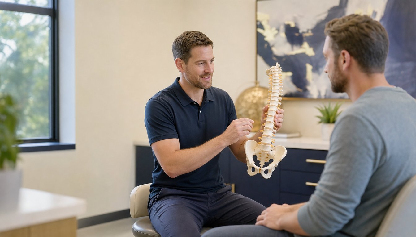 Chiropractor reviewing a spine model with a patient during a consultation in The Woodlands, TX