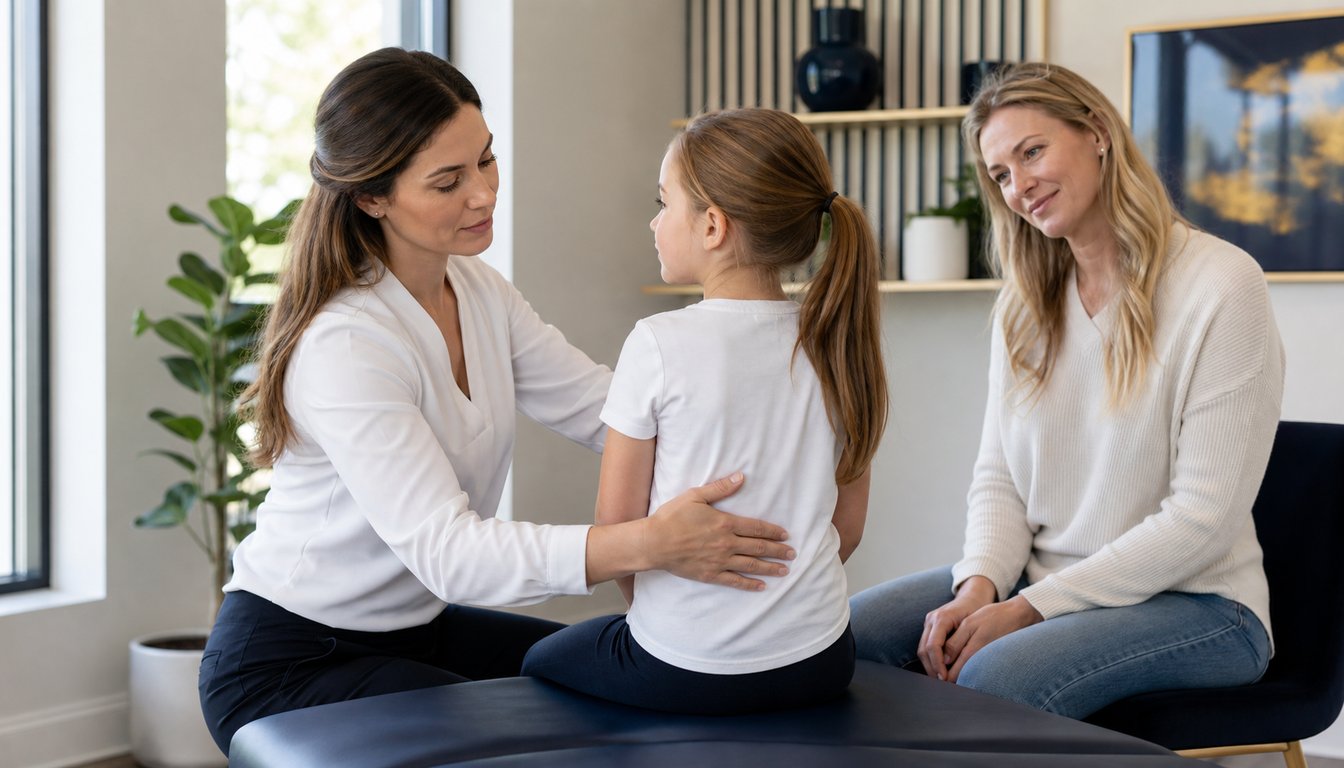 Gentle pediatric chiropractic visit with a parent present in a family clinic in The Woodlands