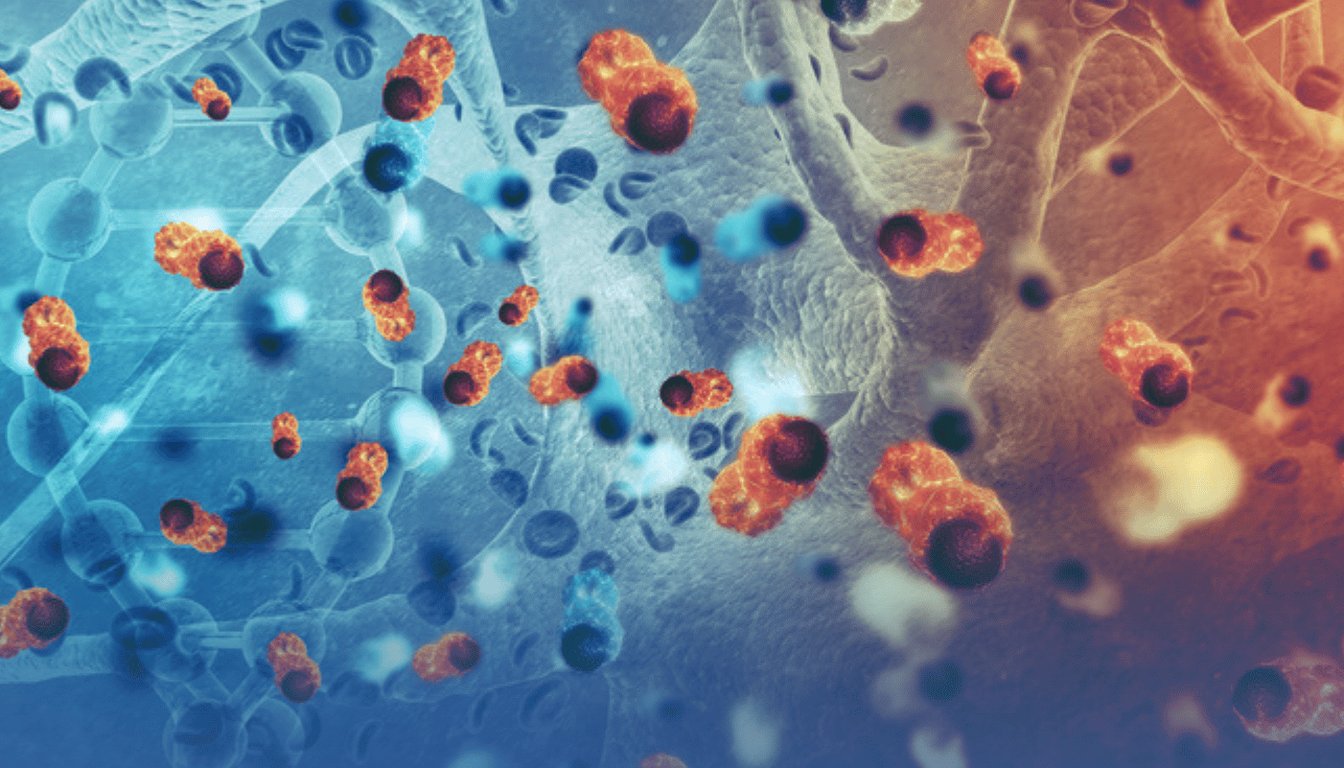 Illustration of cells and DNA representing stem cell therapy and tissue repair