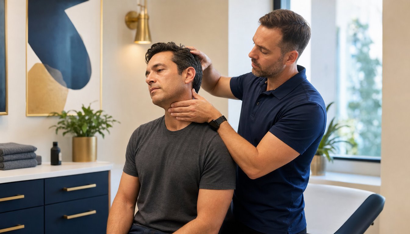 Clinician performing a careful orthopedic screening examination before chiropractic treatment